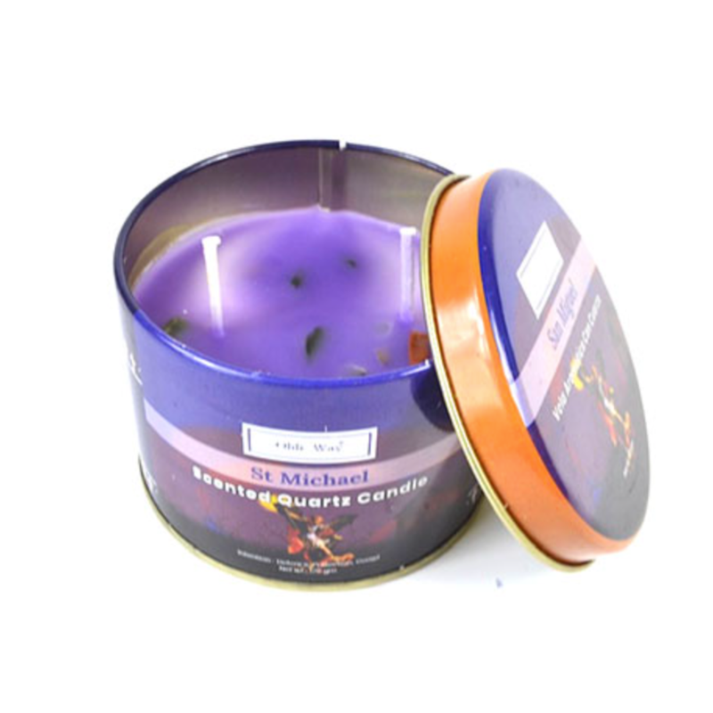 Ohli Way San Miguel with Quartz Tin Candle in metal tin, infused with herbs, oils, and Quartz crystal for protection, courage, and divine strength.