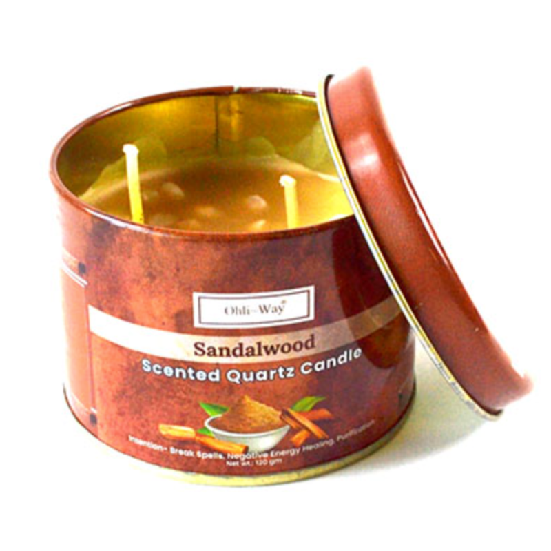Ohli Way Sandalwood with Quartz Tin Candle in metal tin, infused with herbs, oils, and Quartz crystal for calm, clarity, and meditation.