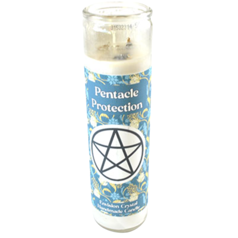 Pentacle Protection 7 Day Magic Candle in glass, scented and decorated with a pentacle symbol for protection, balance, and grounding energy.