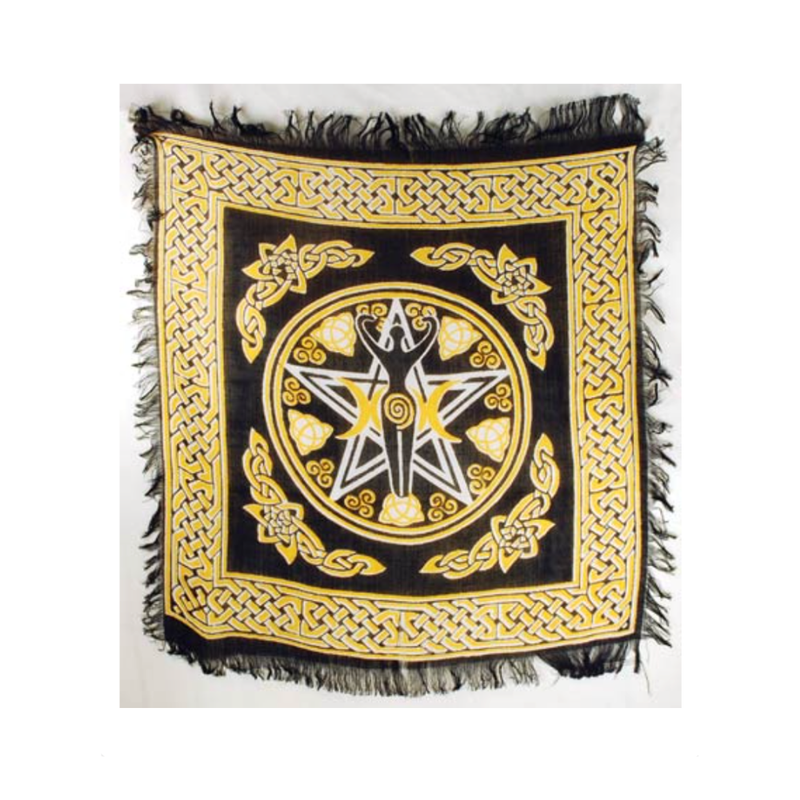 Pentagram Goddess altar cloth with Triple Moon symbol – black and yellow