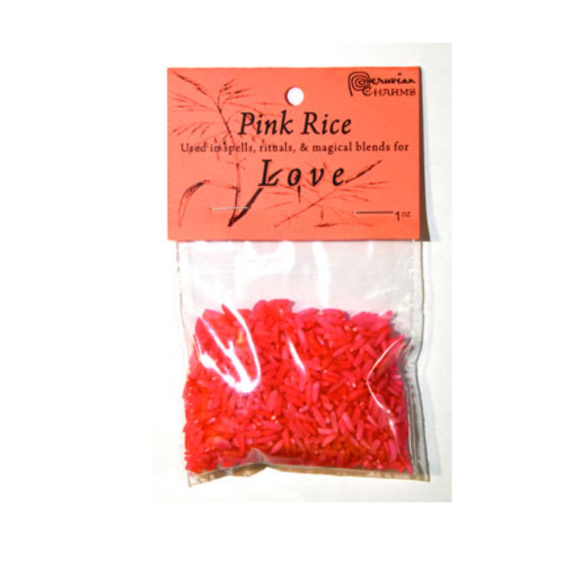 A 1oz bag of bright pink rice labeled "Pink Rice – Used in spells, rituals, & magical blends for love," ideal for attraction and love-focused rituals.
