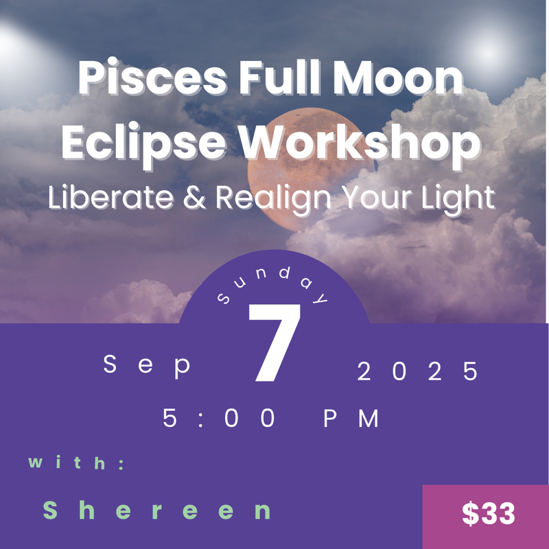 Astrologer Shereen Campbell leading a Pisces Full Moon Eclipse workshop with candles, ritual tools, and astrology charts.