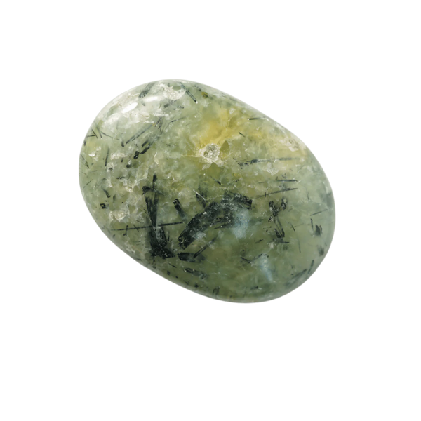 Prehnite with Epidote crystal showing green translucence and dark inclusions
