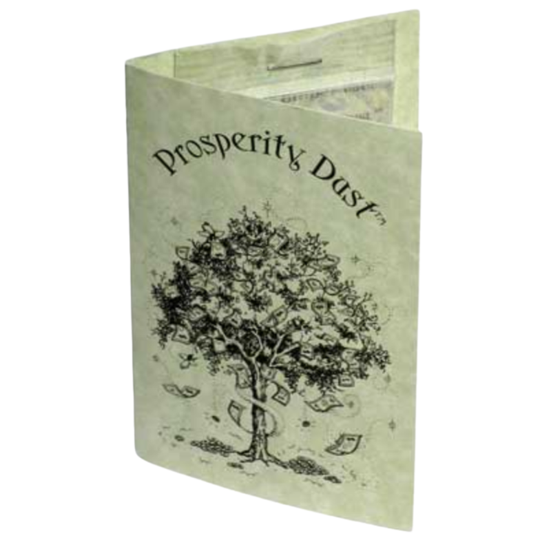 Prosperity Magic Dust in a small jar, handcrafted blend of herbs and resins for abundance, success, and manifestation rituals.
