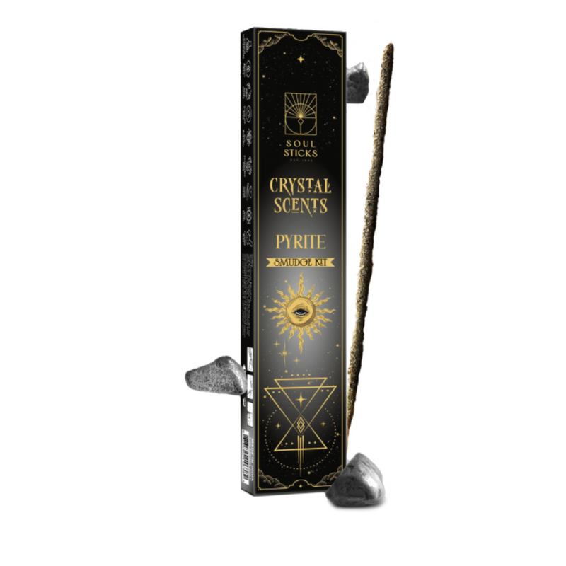 Pyrite Crystal Scents Smudge Kit with crystal, herbs, and ritual tools for abundance, protection, and manifestation.