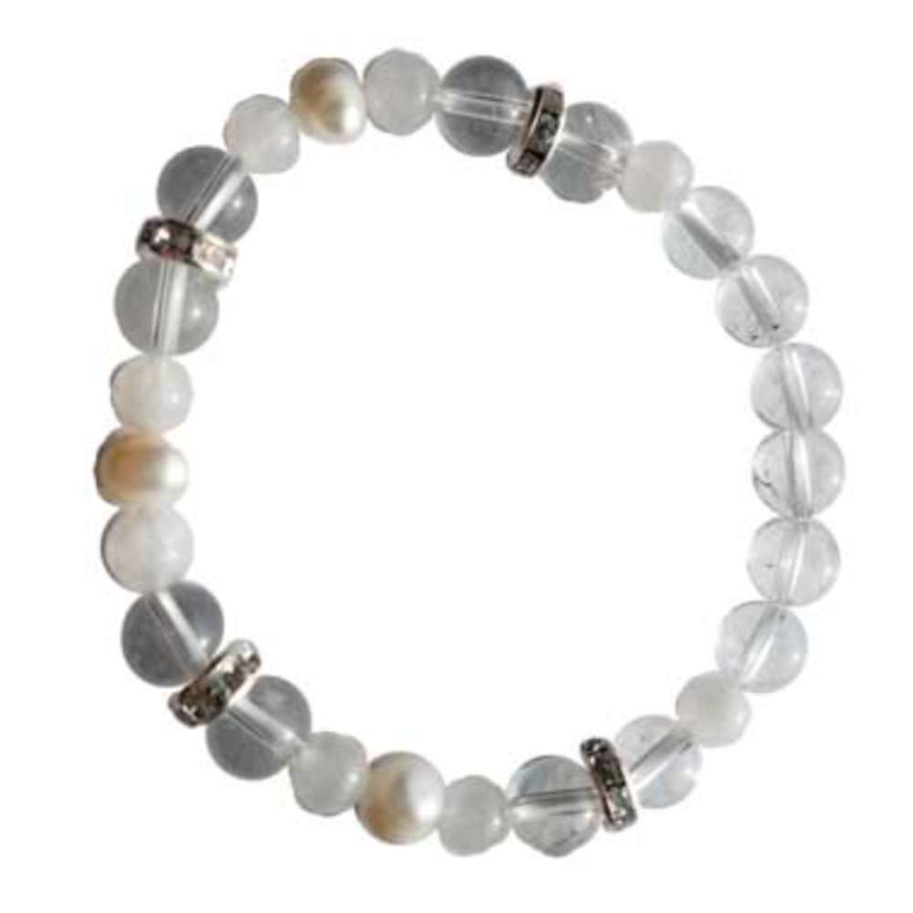 Rainbow Moonstone, Pearl, and Clear Quartz 8mm Bracelet with luminous beads for intuition, emotional healing, and clarity.