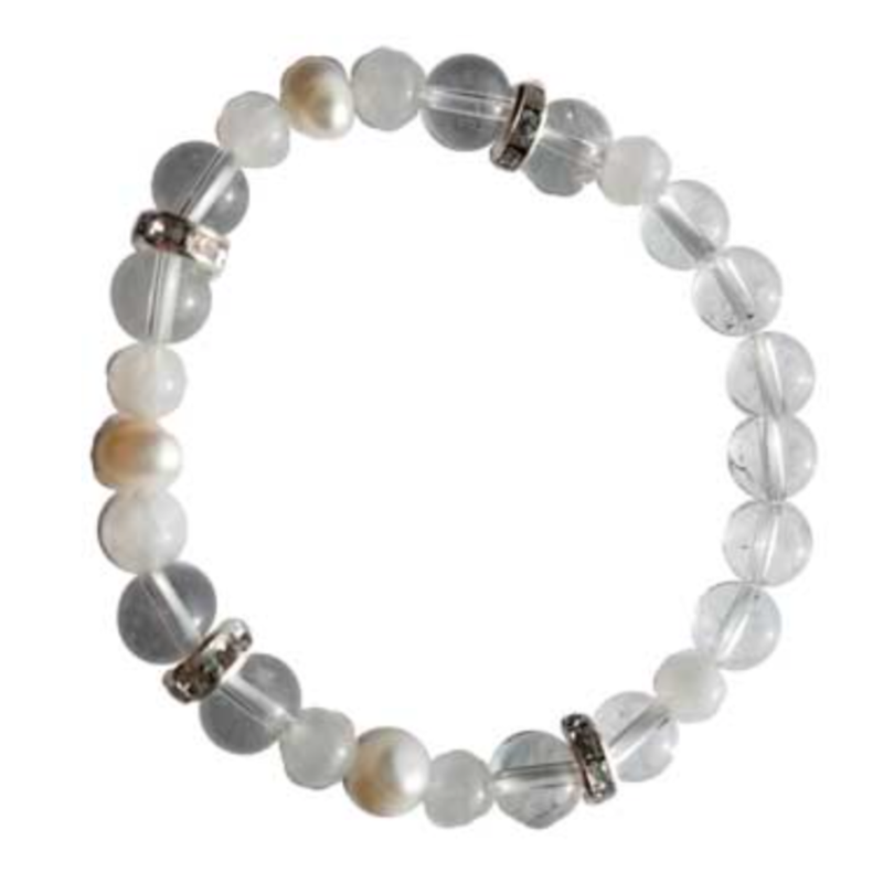 Rainbow Moonstone, Pearl, and Clear Quartz 8mm Bracelet with luminous beads for intuition, emotional healing, and clarity.