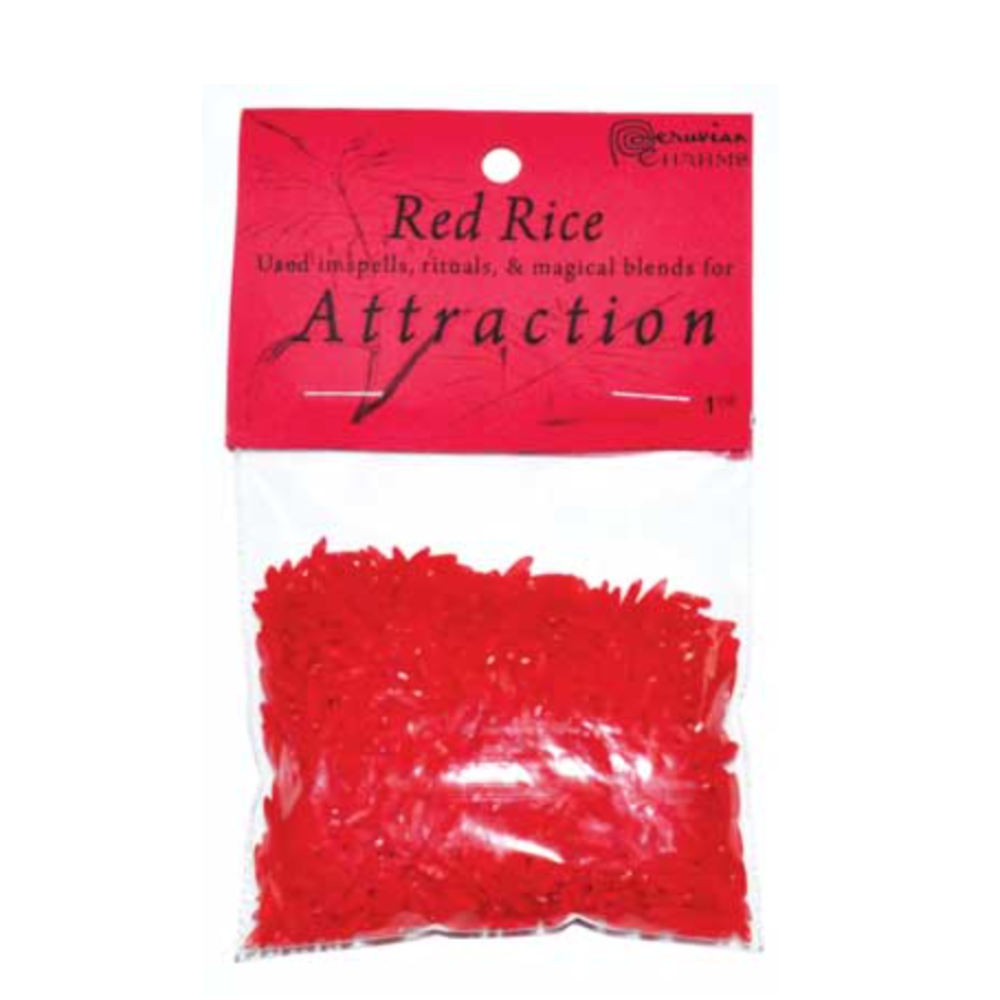 Red rice package labeled for attraction on a white background; Red Attraction Rice  – ritual dyed rice for love, passion, and attraction spells