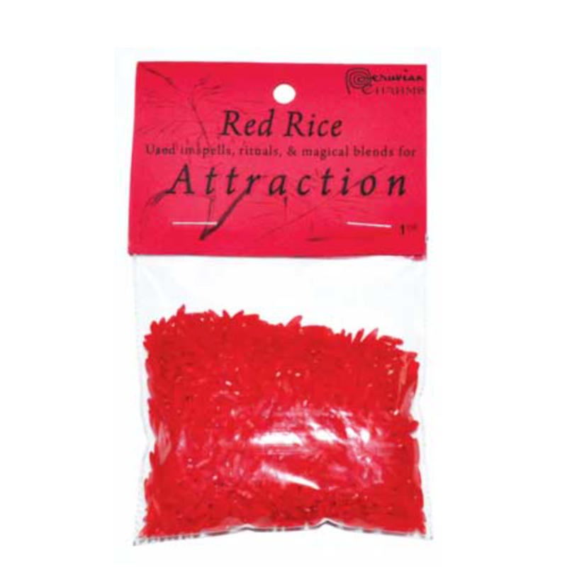 Red rice package labeled for attraction on a white background; Red Attraction Rice  – ritual dyed rice for love, passion, and attraction spells