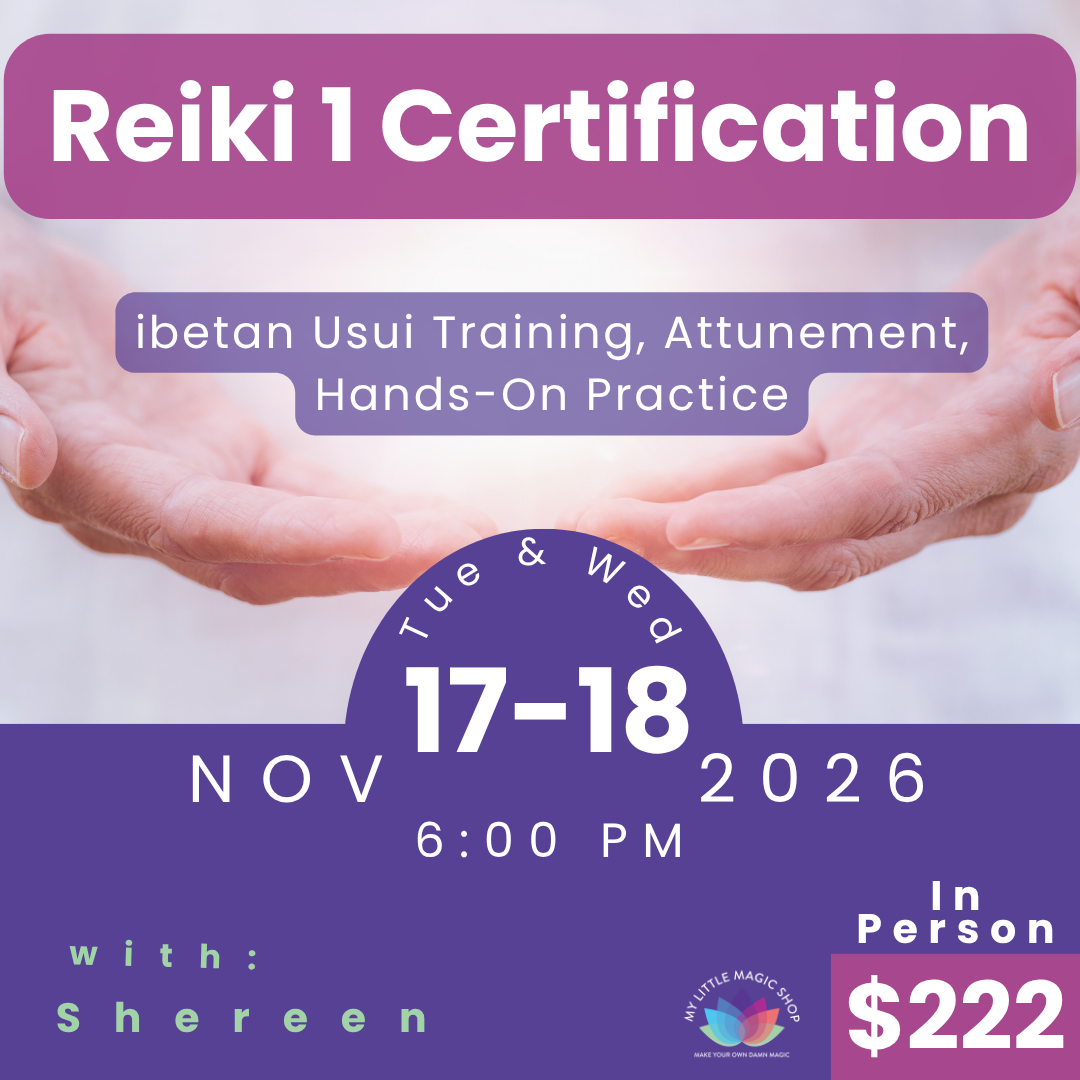 Advertisement for Reiki 1 Certification course with hands held open on a purple and white background.
