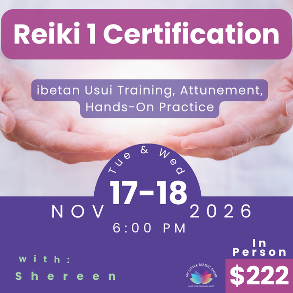 Advertisement for Reiki 1 Certification course with hands held open on a purple and white background.