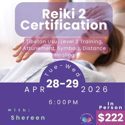 Advertisement for Reiki 2 Certification course with a person receiving Reiki on a couch.