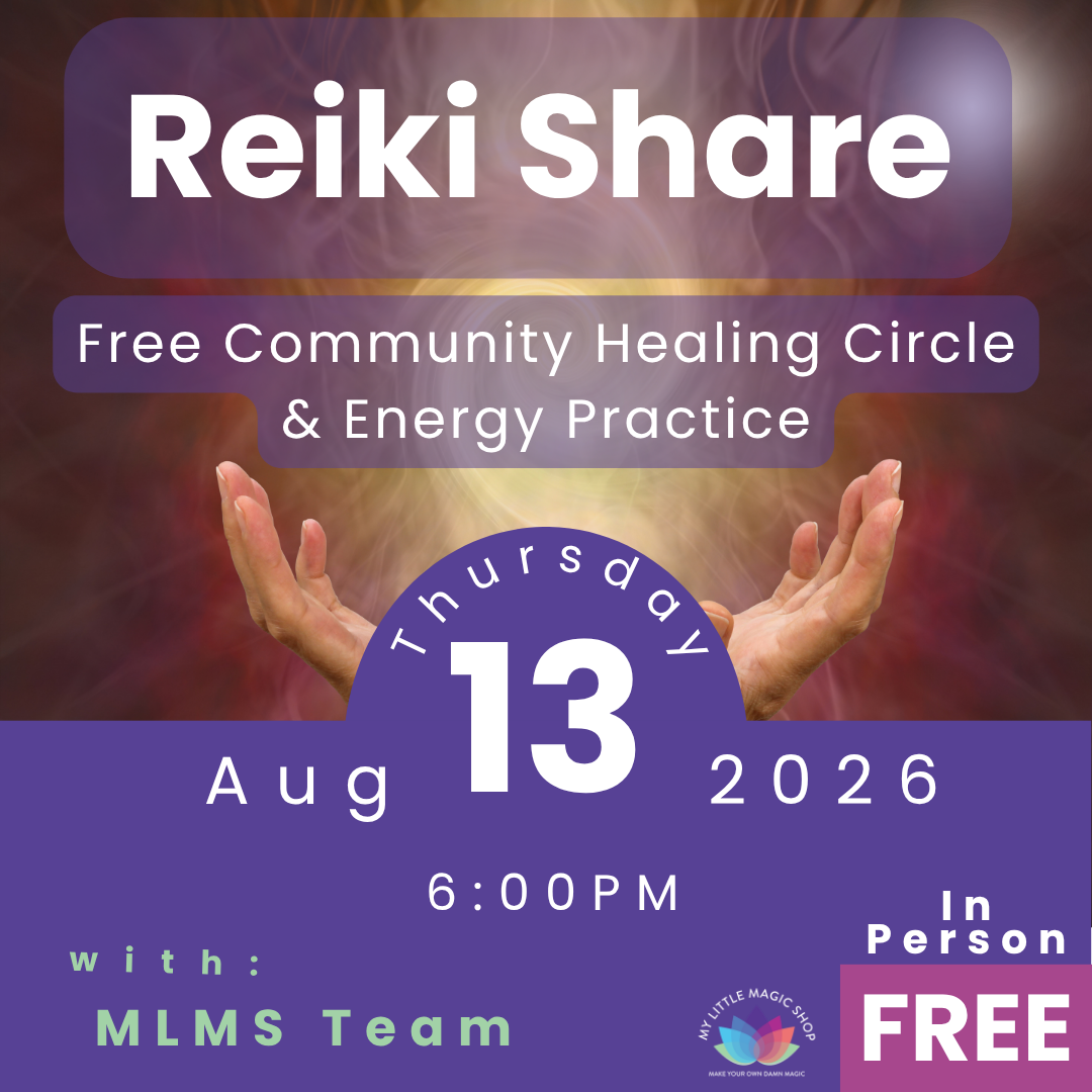 Promotional flyer for a Reiki share event with hands outstretched, held by MLMS Team.