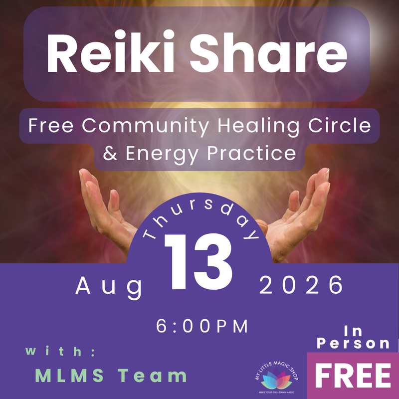 Promotional flyer for a Reiki share event with hands outstretched, held by MLMS Team.