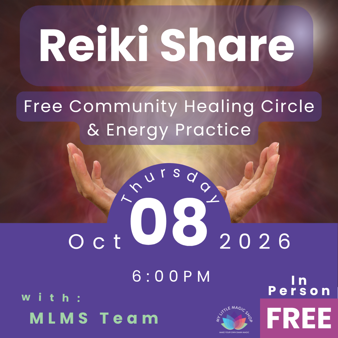 Promotional flyer for a Reiki share event with hands outstretched, held by MLMS Team.