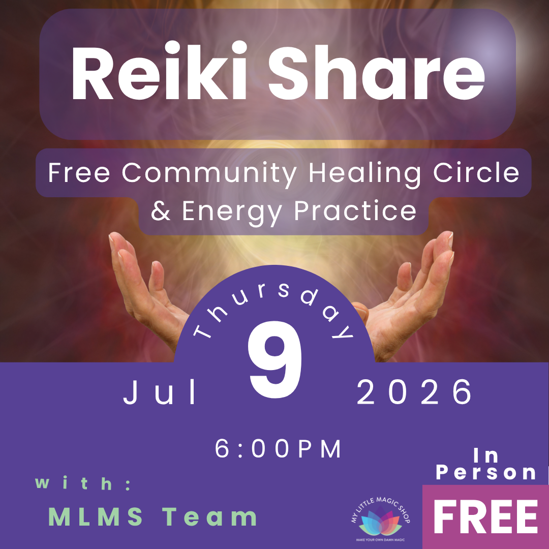 Promotional flyer for a Reiki share event with hands outstretched, held by MLMS Team.