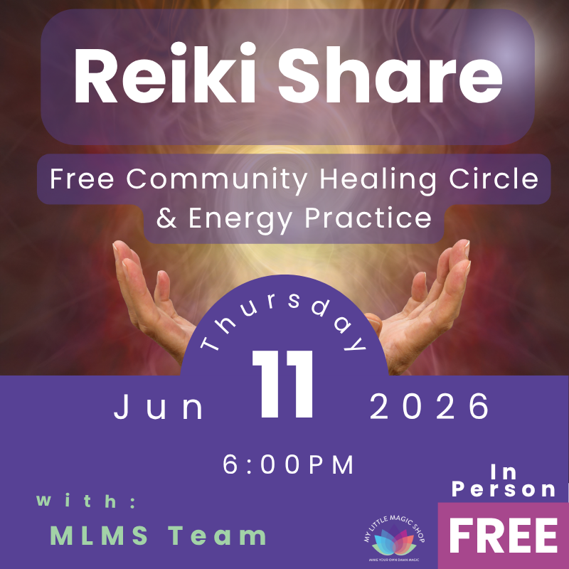 Promotional flyer for a Reiki share event with hands outstretched, held by MLMS Team.