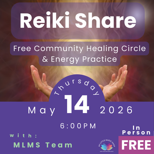 Promotional flyer for a Reiki share event with hands outstretched, held by MLMS Team on May 14, 2026.