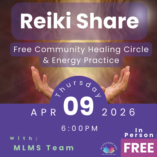 Promotional flyer for a Reiki share event with hands outstretched, held by MLMS Team.