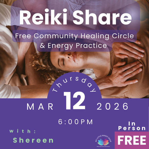 Promotional flyer for a Reiki share event with a photo of two people practicing Reiki.