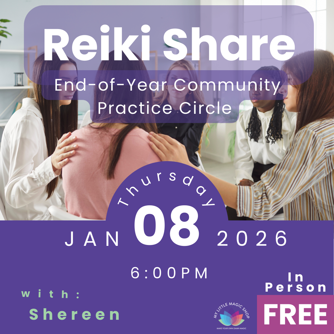 Promotional flyer for a Reiki practice circle event on January 8, 2026, with people practicing Reiki.