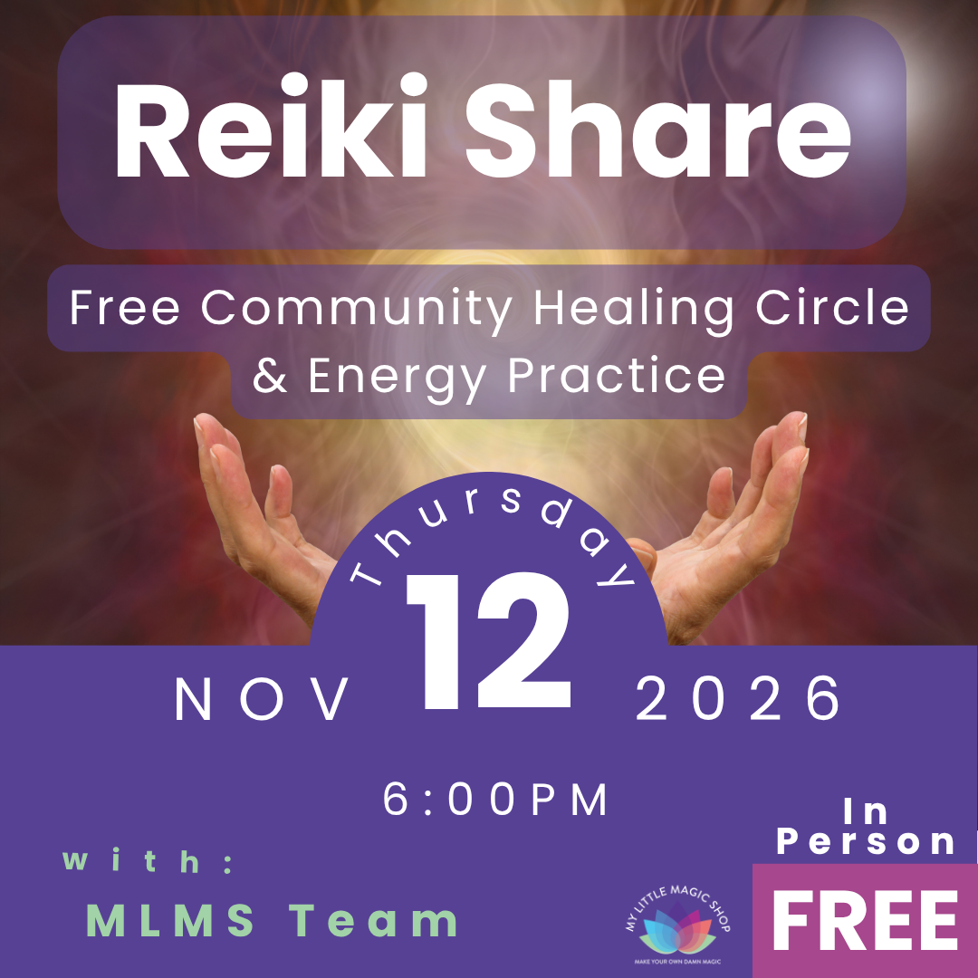 Promotional flyer for a Reiki share event with hands outstretched, held by MLMS Team.