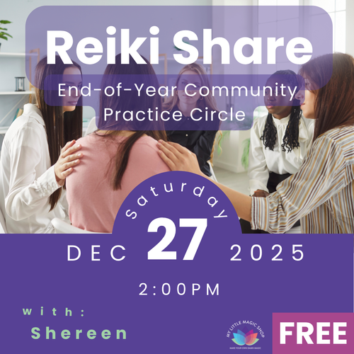 A small Reiki circle practicing hands-on healing during an end-of-year Reiki Share at My Little Magic Shop.
