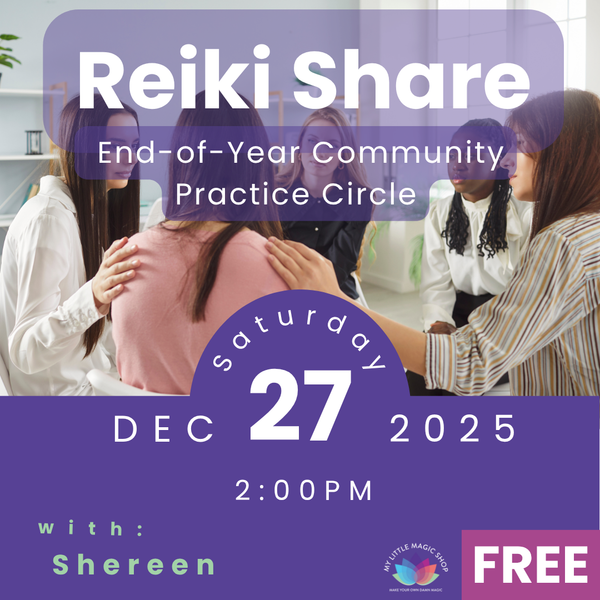 A small Reiki circle practicing hands-on healing during an end-of-year Reiki Share at My Little Magic Shop.