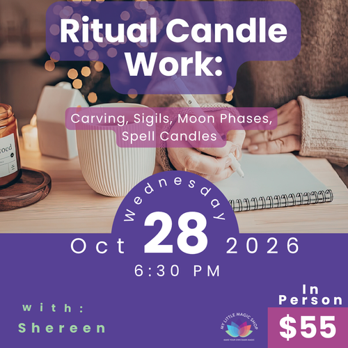 Promotional flyer for a ritual candle work event with details and branding.