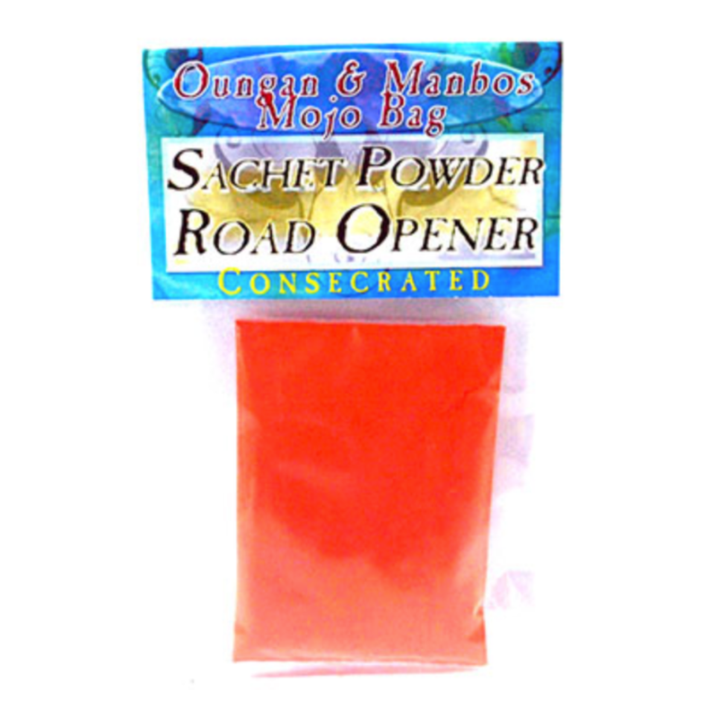 Red sachet powder labeled 'Sachet Powder Road Opener' with colorful packaging on a white background