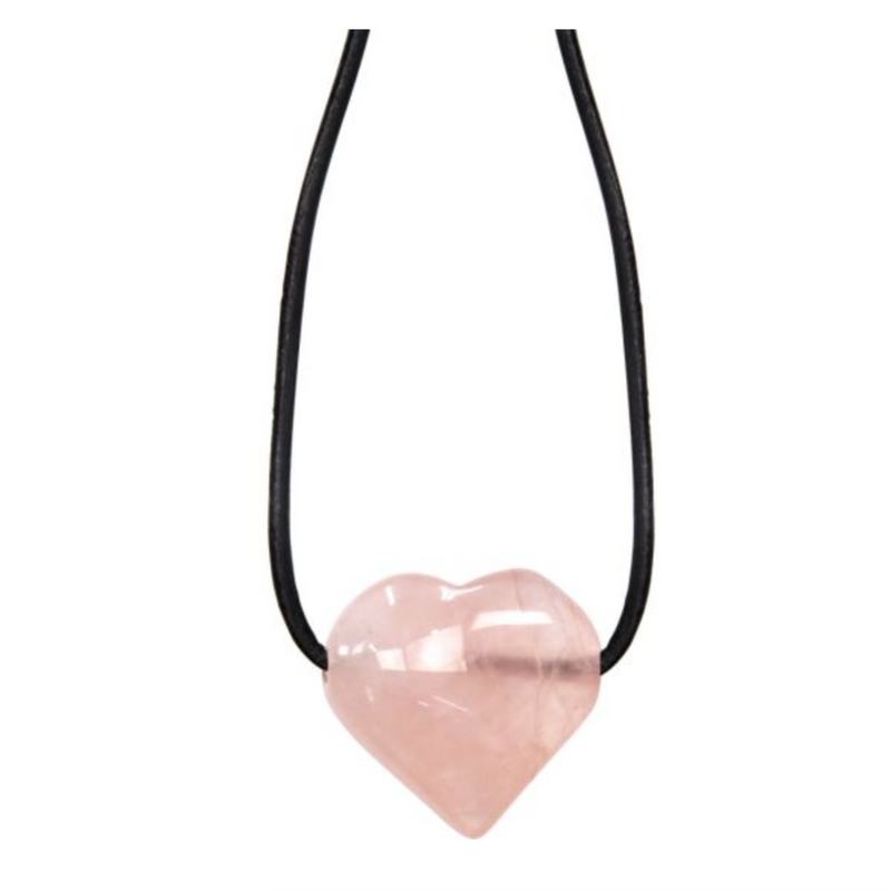 heart-shaped rose quartz necklace on black cord