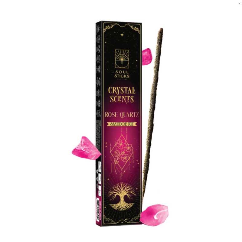 Rose Quartz Crystal Scents Smudge Kit with crystal, herbs, and ritual tools for love, compassion, and emotional healing.
