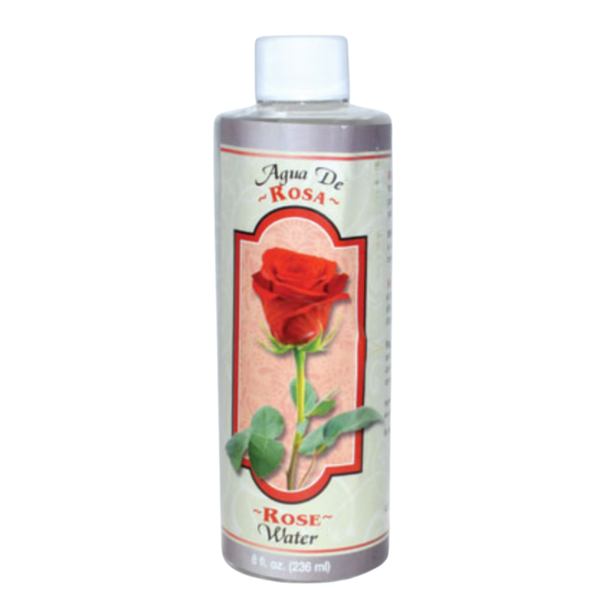 Bottle of Aqua De Rosa Rose Water with a red rose on the label against a white background