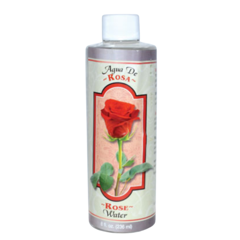 Bottle of Aqua De Rosa Rose Water with a red rose on the label against a white background