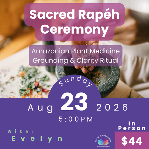 Promotional flyer for a Sacred Rapéh Ceremony with details about date, time, and price.