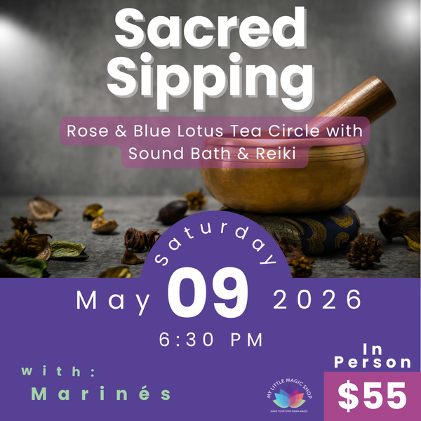 Promotional flyer for 'Sacred Sipping' event with text and imagery of a tea bowl and dried herbs.