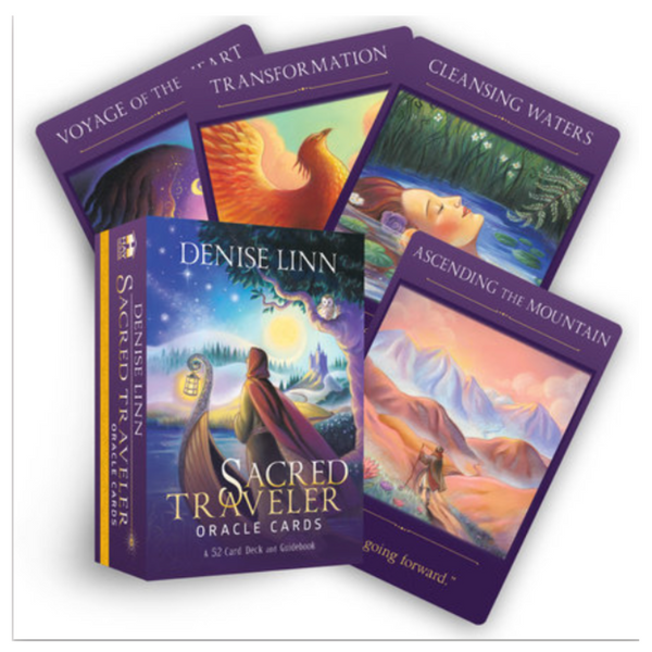 Sacred Traveler Oracle Cards by Denise Linn with illustrated cards and guidebook featuring themes of spiritual journey and intuitive transformation