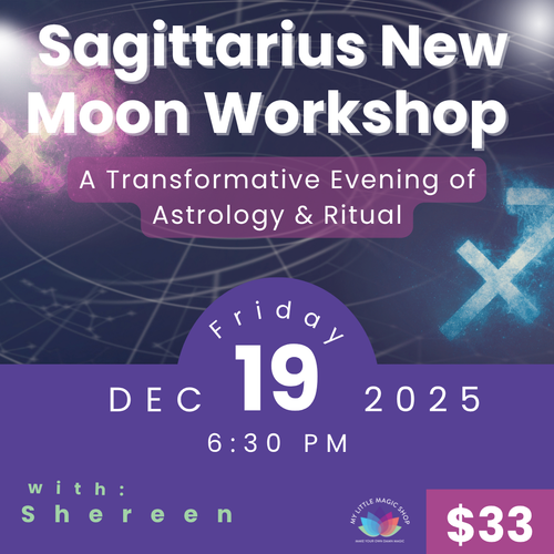 Participants journaling and exploring astrology during the Sagittarius New Moon workshop at My Little Magic Shop.