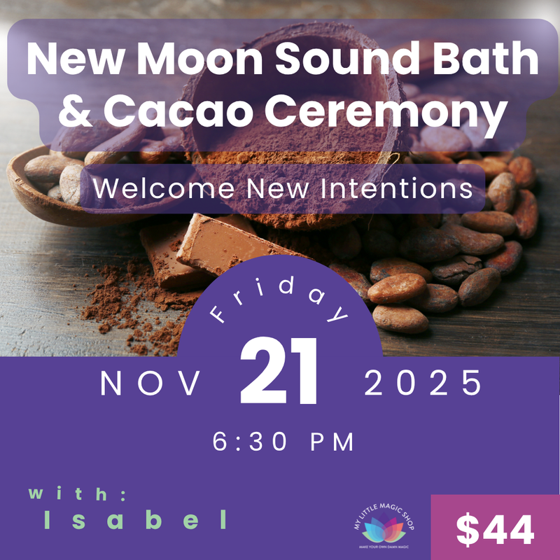 Participants sharing cacao and reflection during a Scorpio New Moon ceremony with Isabel Varela at My Little Magic Shop in NYC.