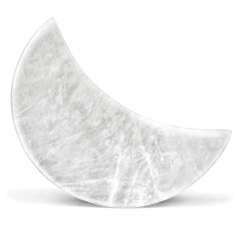 Selenite Moon crystal, crescent-shaped cleansing stone on white background
