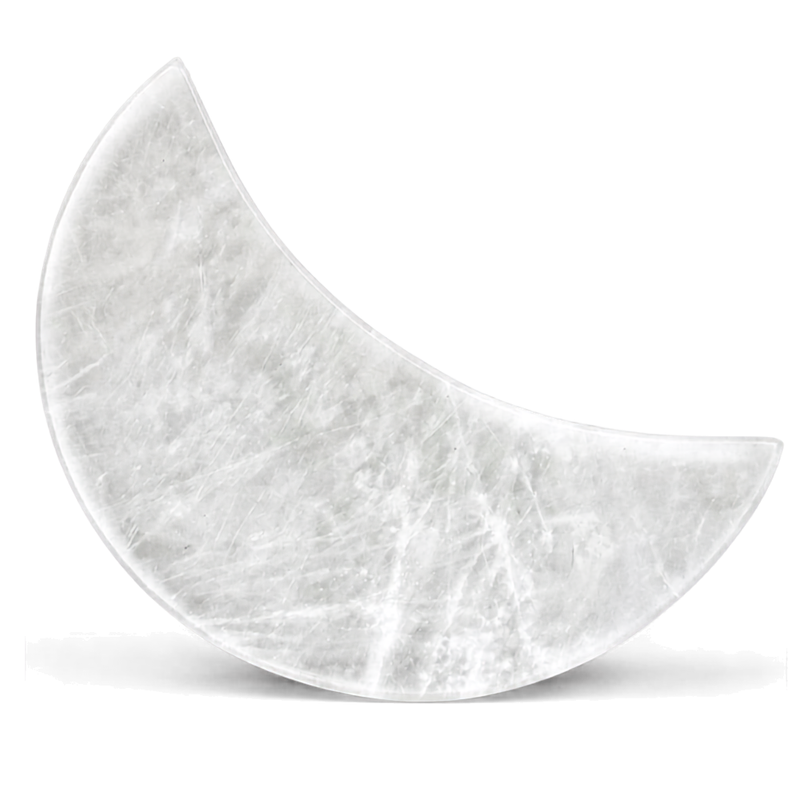 Selenite Moon crystal, crescent-shaped cleansing stone on white background