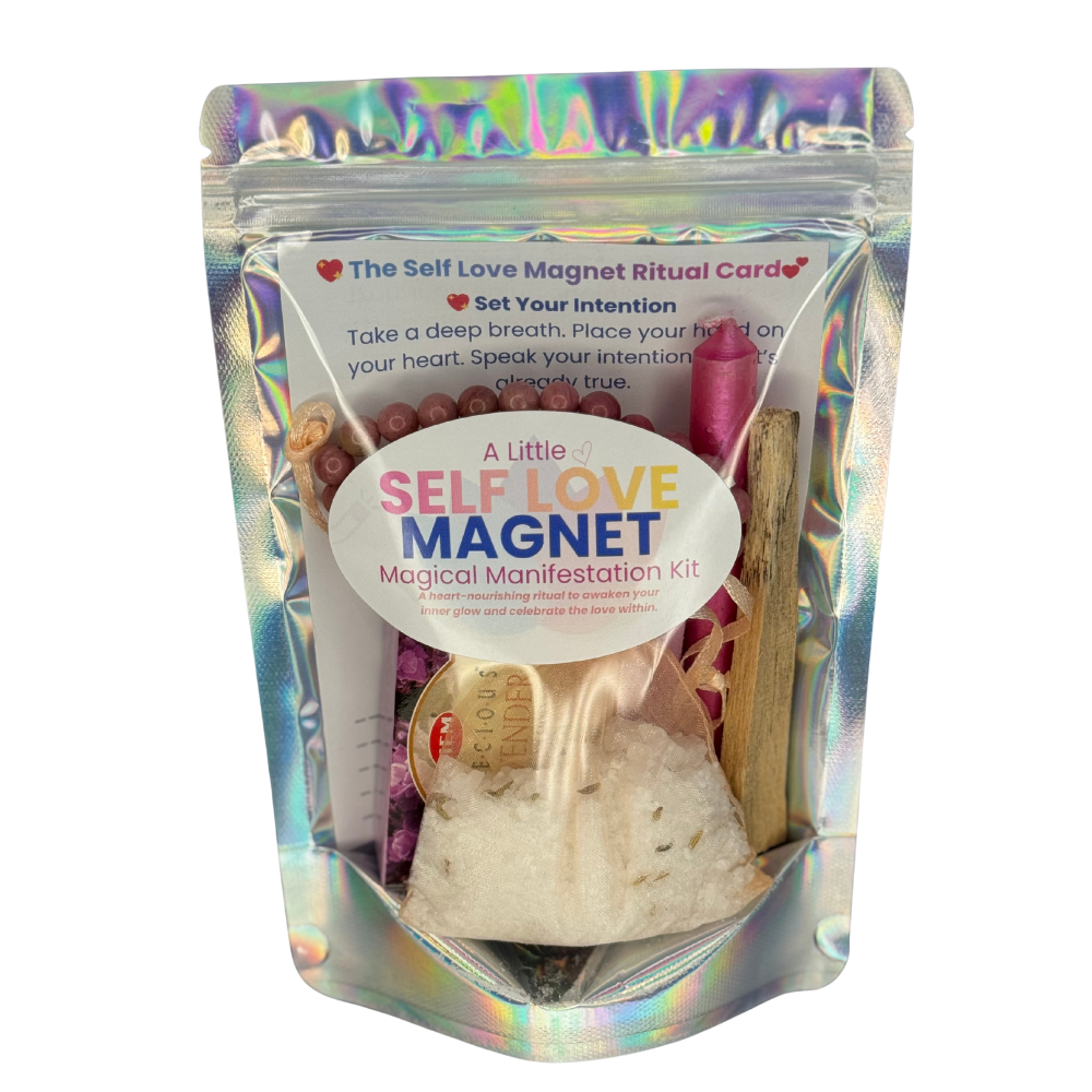 Self Love Magnet Kit with pink candle, Palo Santo, Rhodonite stone, and matching bracelet on a white background.