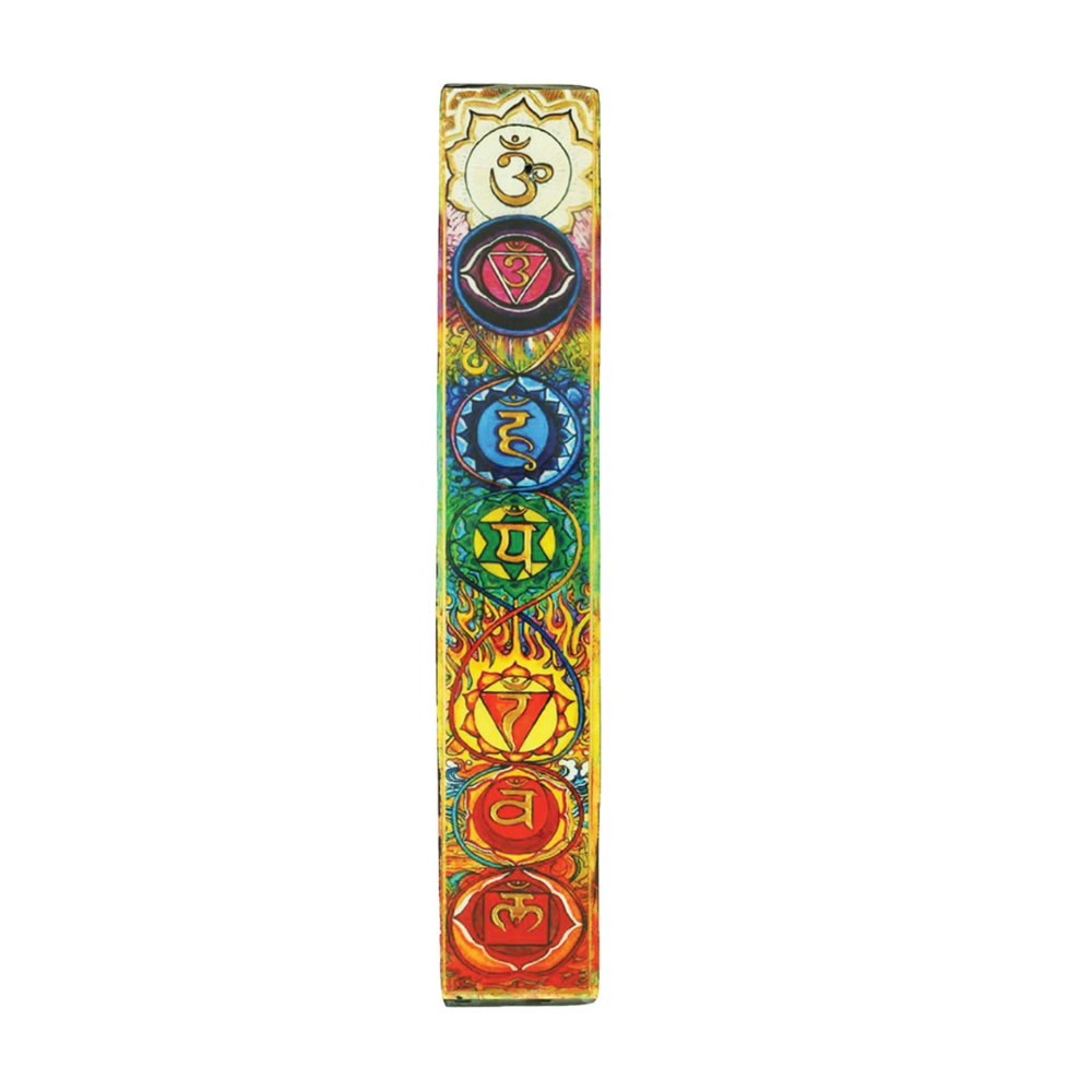 11-inch wooden incense ashcatcher with rainbow chakra artwork