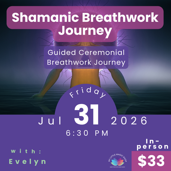 Promotional flyer for a Shamanic Breathwork Journey event with a purple and blue color scheme.