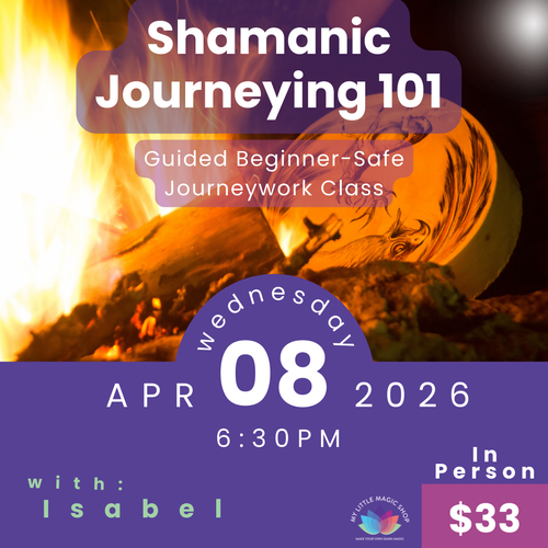 Promotional flyer for a Shamanic Journeying 101 class with a fire and crystal background.