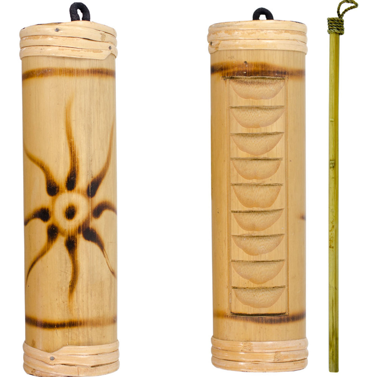 Natural bamboo rainstick showing internal ridged sound chambers
