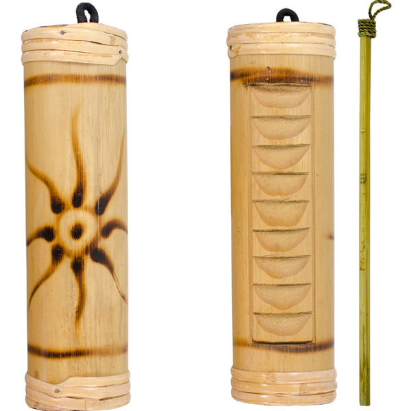 Natural bamboo rainstick showing internal ridged sound chambers