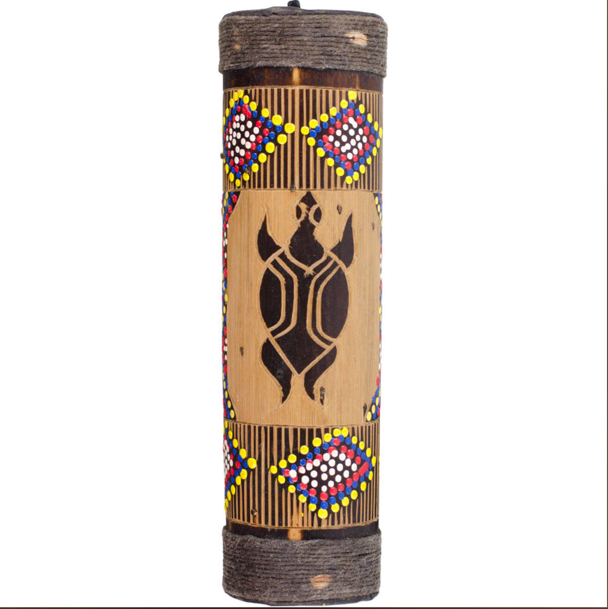 Small bamboo rainstick with red, blue, and yellow dot painting