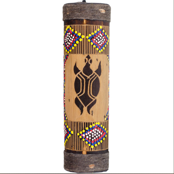 Small bamboo rainstick with red, blue, and yellow dot painting