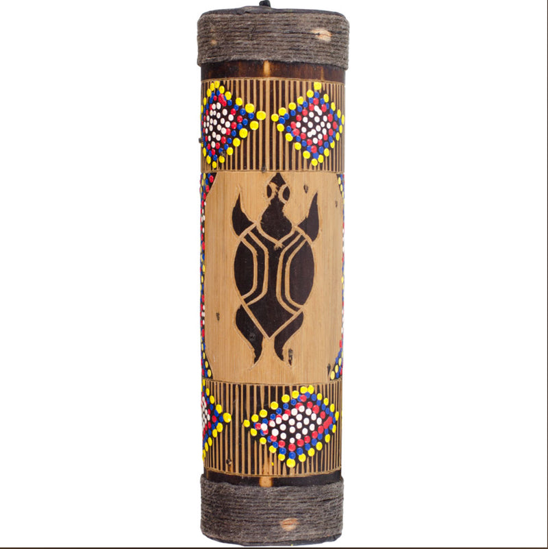Small bamboo rainstick with red, blue, and yellow dot painting